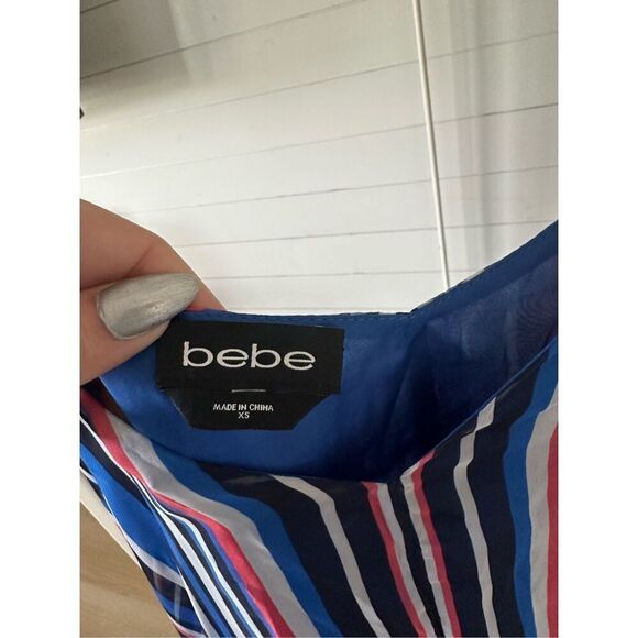 BEBE Dress Striped Blue Coral Black Sheer Sun Dress w Pockets & V Neck Women’s X - Picture 9 of 9
